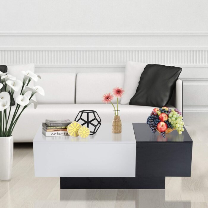Modern Coffee Table Storage Unit Living Room with Sliding Top Black and White - Image 1