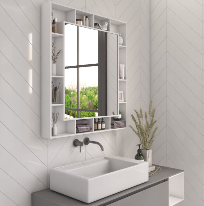 Gokcha wood mirror with storage shelves - Image 1