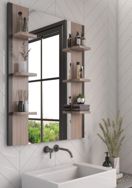 Giulia wood mirror with multi-use storage shelves