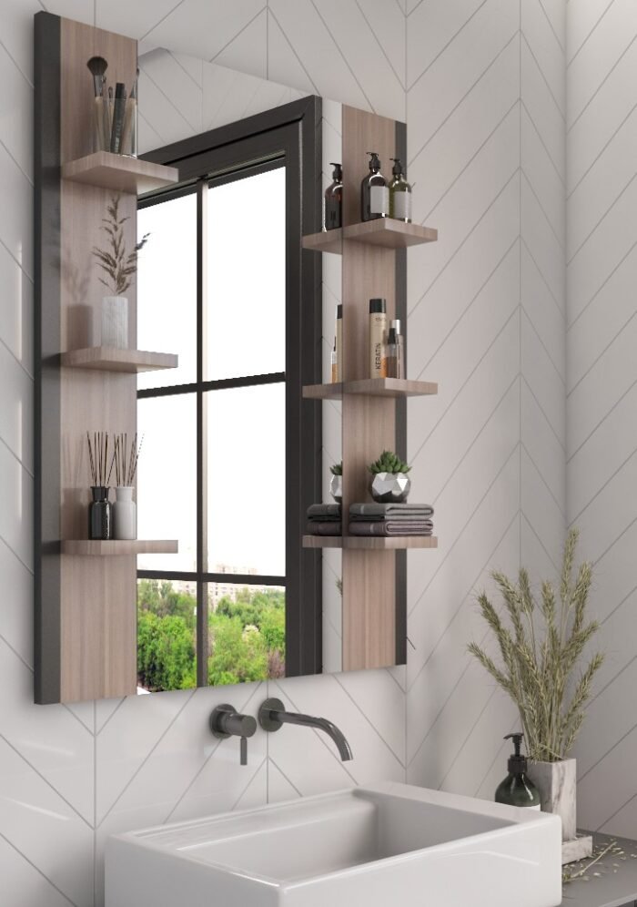 Giulia wood mirror with multi-use storage shelves - Image 1
