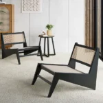 Japandi Black Rattan and Wood Lounge Chair