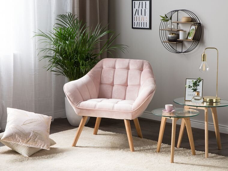 0011326_velvet-armchair-pink-karis.jpeg Ferry Natural wood Armchair - Image 1