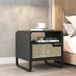 Kramsi Black Nightstand Rattan with Natural wood