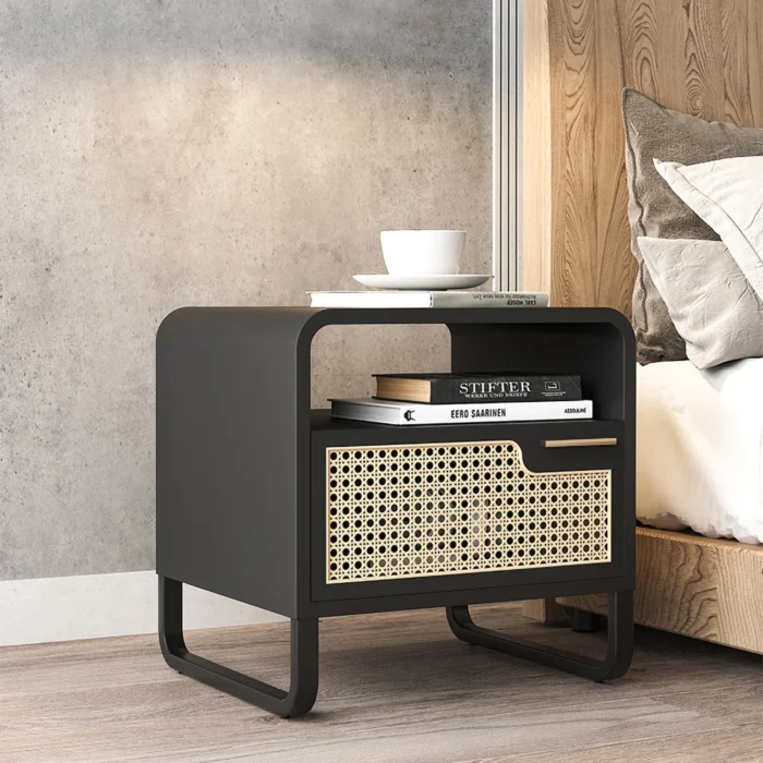 Kramsi Black Nightstand Rattan with Natural wood - Image 1