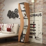 Samora curved bookcase in walnut and black - Image 3