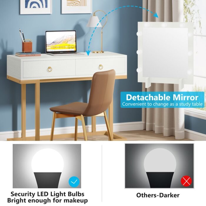 Vanity, Modern Makeup Table with 2 Storage Drawers & Lighted Mirror - Image 7