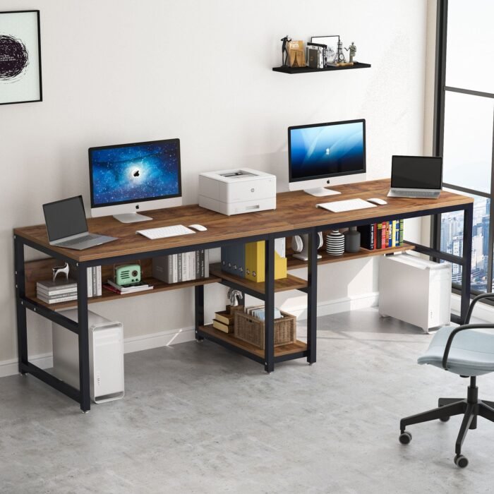 Two Person Desk, Computer Desk Double Workstation with Shelves - Image 1