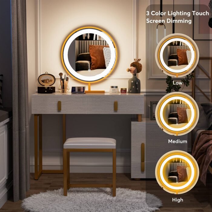 Vanity, Makeup Dressing Table with 3-Color Touch Screen Lighted Mirror - Image 6
