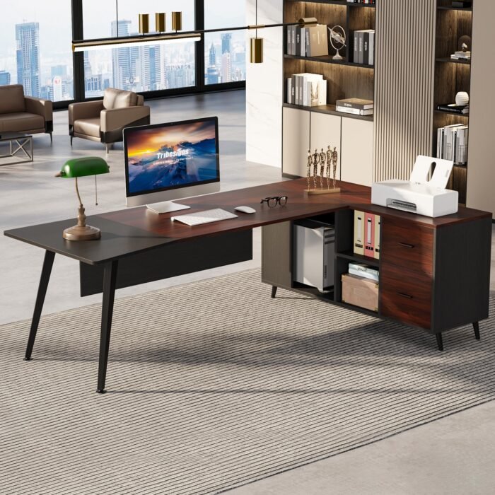 Executive Desk, 87? L-Shaped Computer Desk with 51? File Cabinet - Image 4