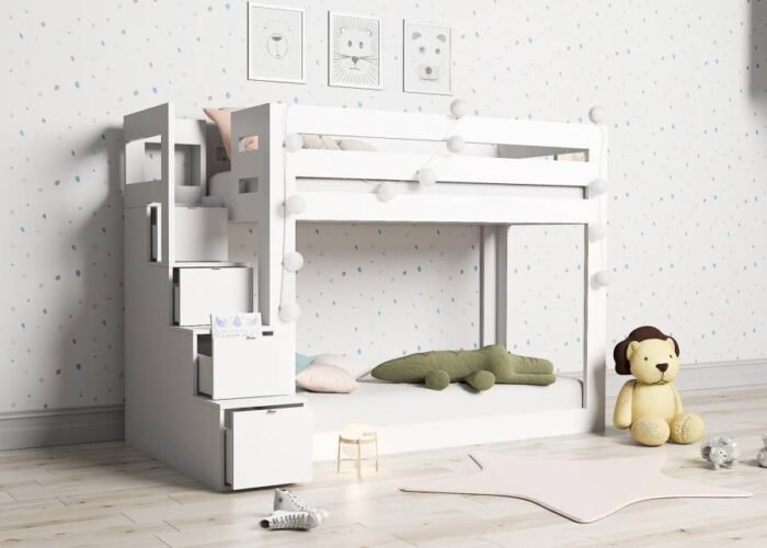 Floor-level children's bunk bed with 4-drawer ladder - Image 1