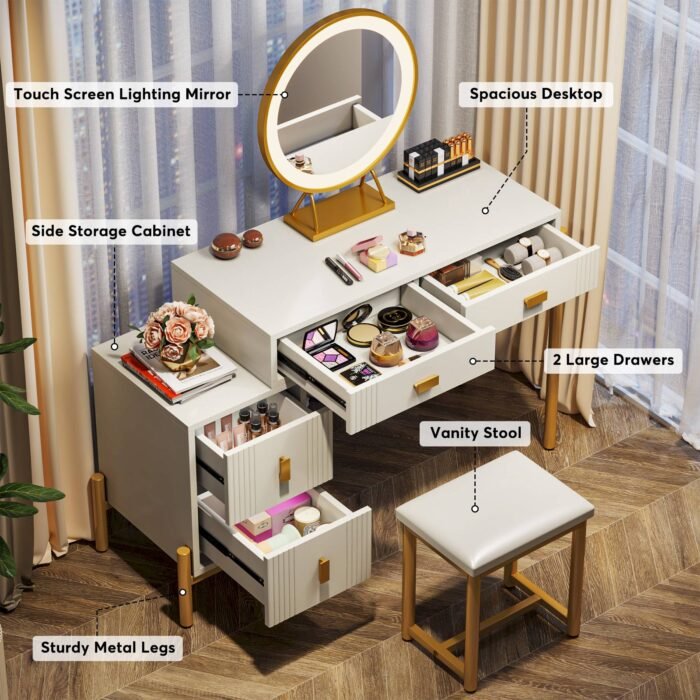 Vanity, Makeup Dressing Table with 3-Color Touch Screen Lighted Mirror - Image 16