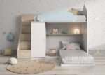 Children's house bunk bed with drawers and wardrobe