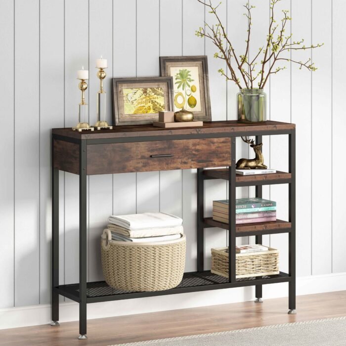 Sofa Console Table with Drawers, Rustic Industrial Entry Table - Image 1
