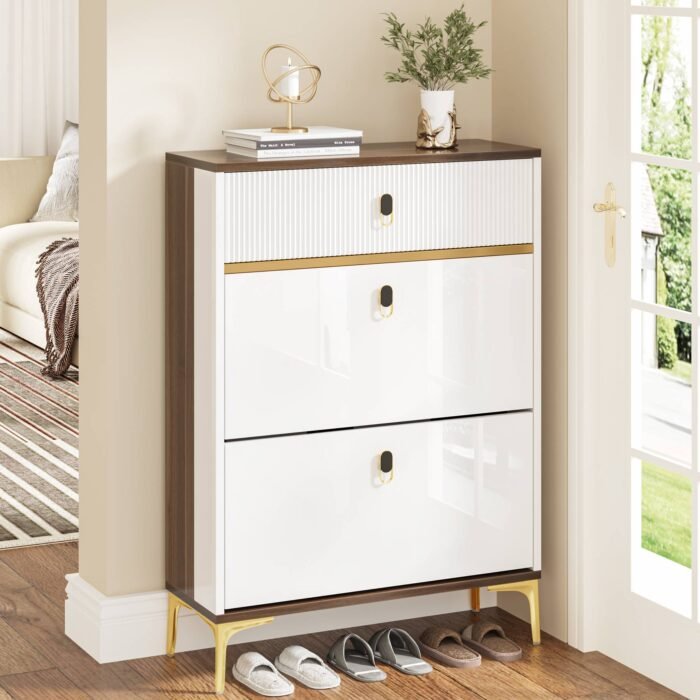 Shoe Cabinet, Slim Shoe Organizer Cabinet with 2 Flip Drawers - Image 1