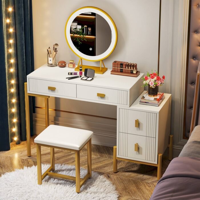 Vanity, Makeup Dressing Table with 3-Color Touch Screen Lighted Mirror - Image 13
