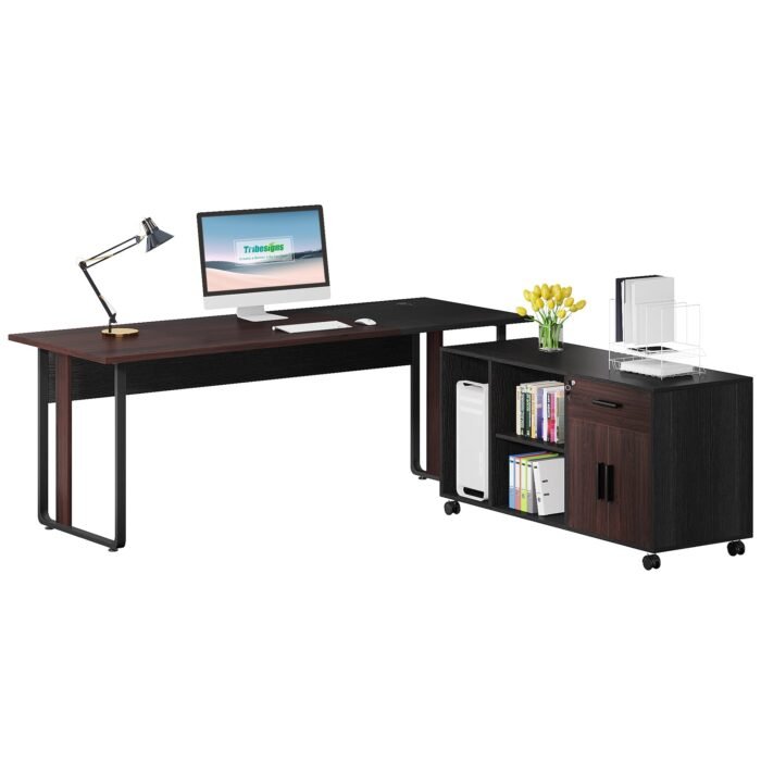 70.8? Executive Desk with 47? Mobile File Cabinet, L Shaped Computer Desk - Image 1