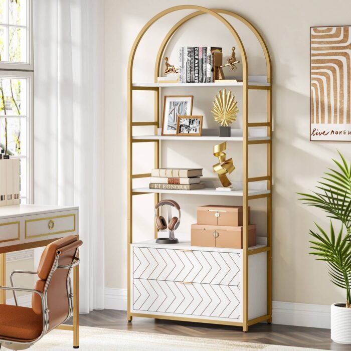 Bookshelf, 74.8? Etagere Bookcases with 2 Drawers & 4-Tier Shelves - Image 1