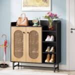Shoe Cabinet, Rattan Shoe Storage Organizer with Doors & Open Shelves