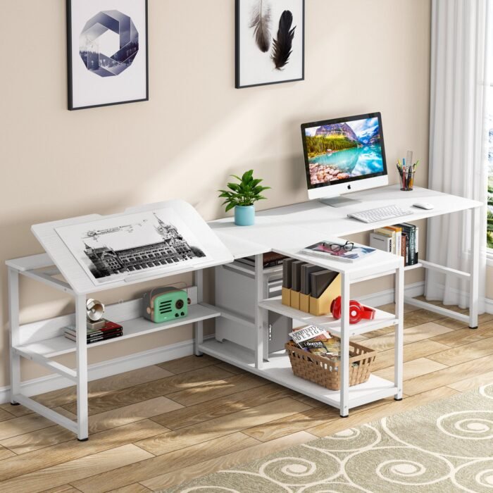 Two Person Desk, 94.5?Computer Desk with Shelves and Tiltable Tabletop - Image 1