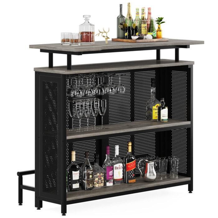 Bar Unit, 3 Tier Liquor Home Bar Table with Stemware Racks - Image 10
