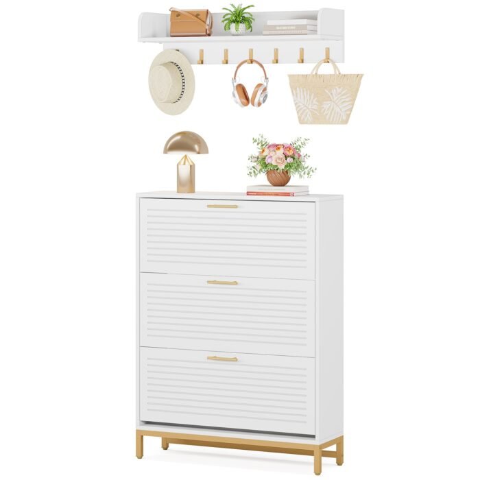 Shoe Cabinet, Flip Drawer Shoe Organizer and Coat Rack Set - Image 1