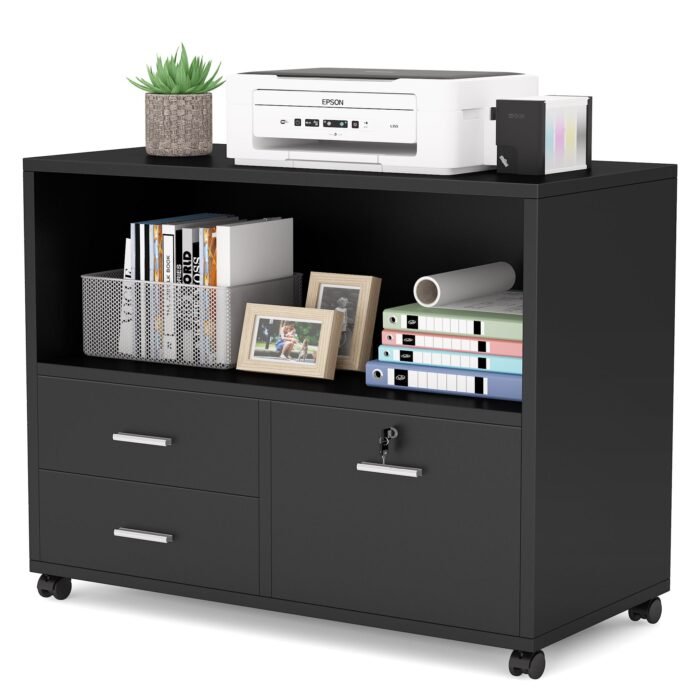 File Cabinet, 3 Drawer Lateral Filing Cabinet with Lock & Wheels - Image 2