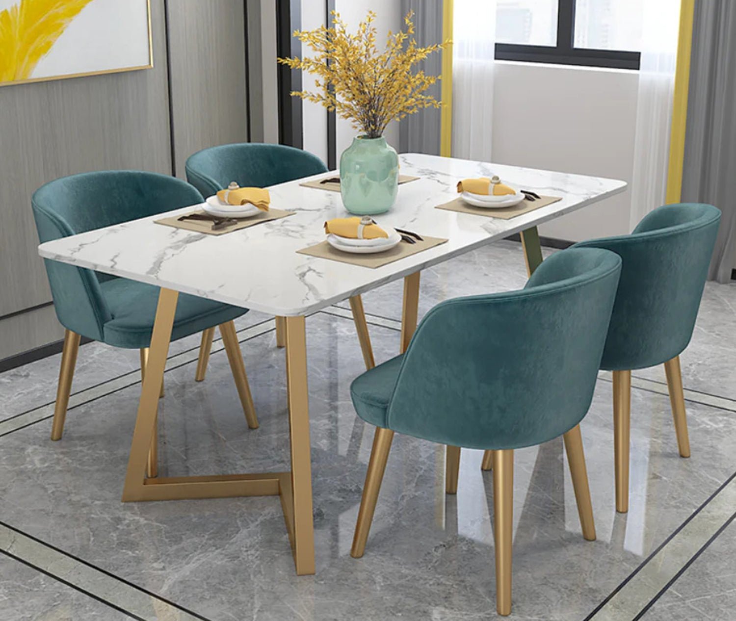 1_4e53be2b-ec1c-4bb1-a43f-860a8eb389b8.jpg Dining table - 4 metal chairs and a white quartz marble table - LUS-133 - Image 1