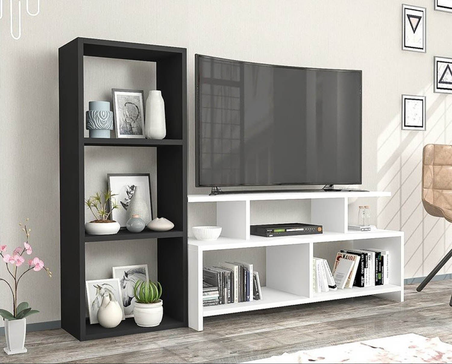 1_60152637-e4ac-43f2-ac43-96bdede0e832.jpg Vedala TV unit with 3 shelves and a side stand made of MDF wood - Image 1