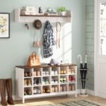 Coat Rack Shoe Bench Set, Hall Tree with Bench and 18 Shoe Cubbies - Image 2