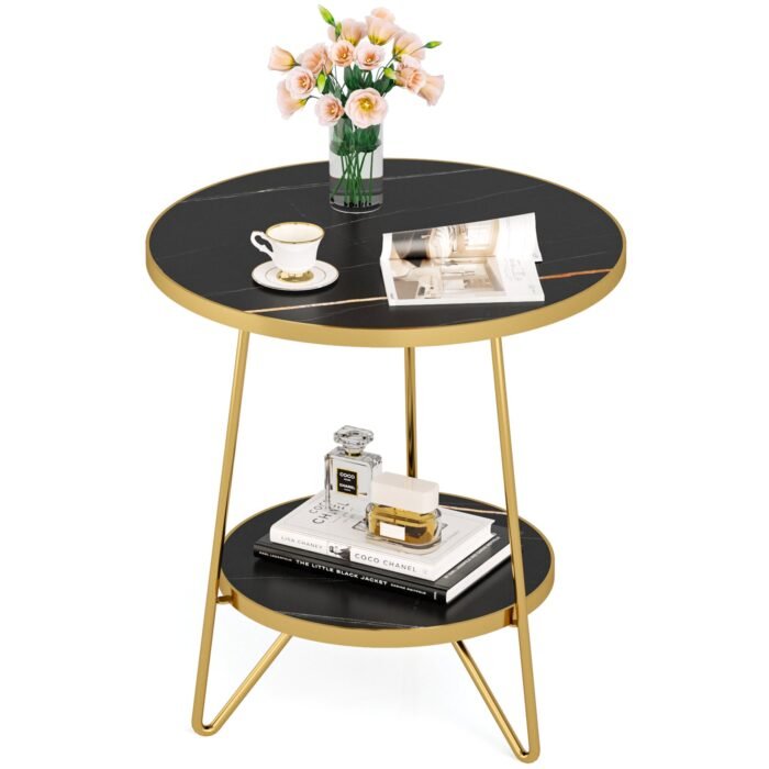End Table, 2 Tier Round Sofa Bedside Table with Shelves - Image 9