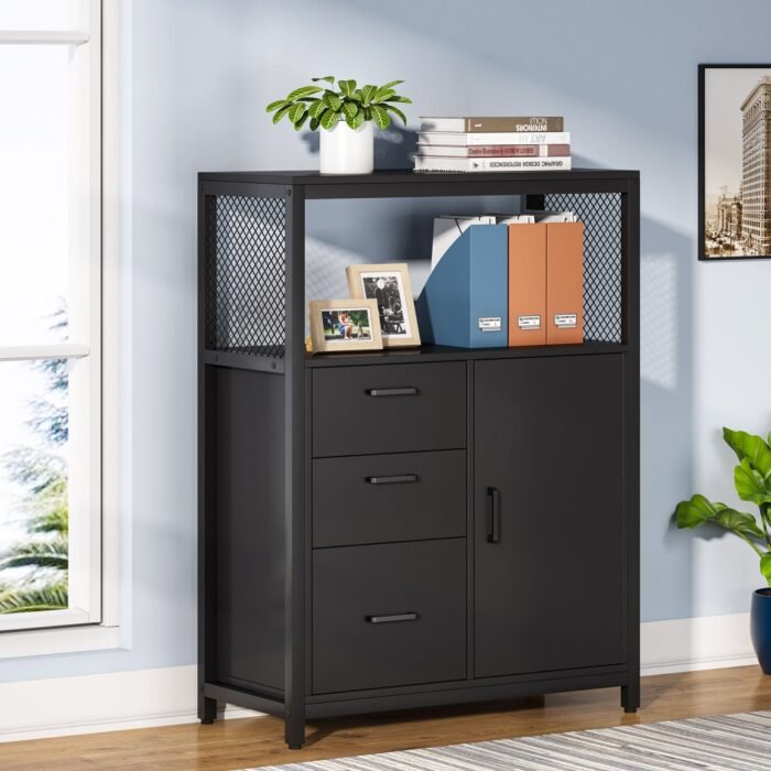 File Cabinet, 3 Drawers Lateral Filing Cabinet with Open Shelves - Image 9