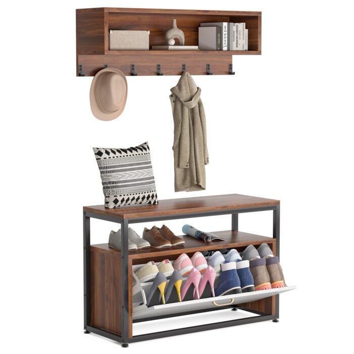 Coat Rack Shoe Bench Set, Hall Tree Shoe Rack with Flip Drawer - Image 1