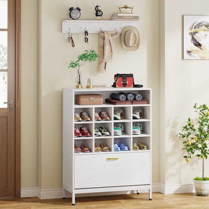 Shoe Cabinet, 3-in-1 Shoe Rack with Coat Rack & Flip Door - Image 1