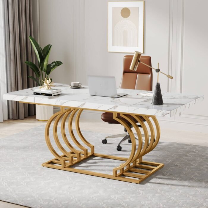 Executive Desk, 63? Modern Computer Office Desk with Faux Marble Top - Image 1