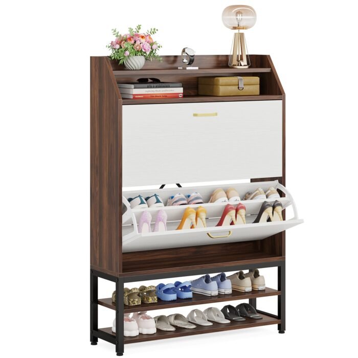 Shoe Cabinet, Freestanding Shoe Organizer with 2 Flip Drawers & Shelves - Image 1