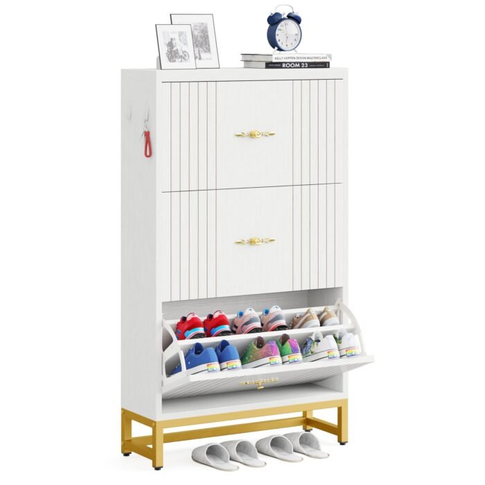 Shoe Cabinet, Modern Shoe Organizer with 3 Flip Drawers & 2 Hanging Hooks - Image 1