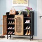 Shoe Cabinet, Rattan Shoe Storage Organizer with Doors & Open Shelves - Image 4