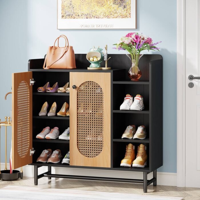 Shoe Cabinet, Rattan Shoe Storage Organizer with Doors & Open Shelves - Image 4