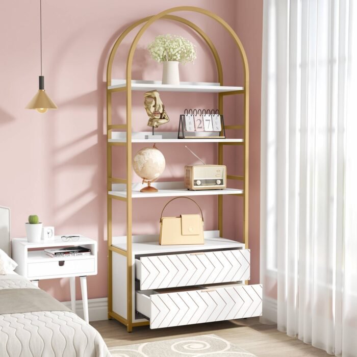 Bookshelf, 74.8? Etagere Bookcases with 2 Drawers & 4-Tier Shelves - Image 4