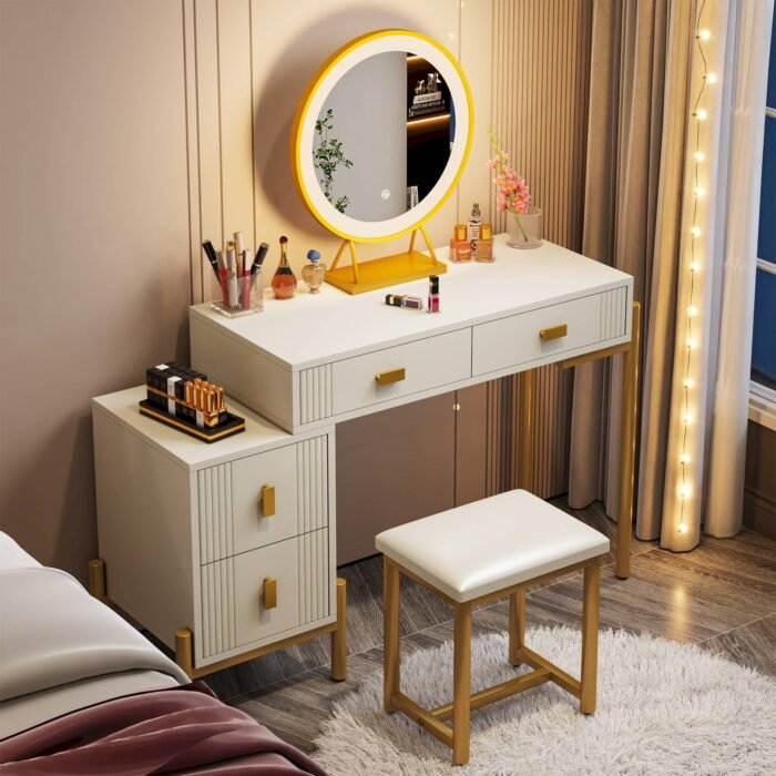 Vanity, Makeup Dressing Table with 3-Color Touch Screen Lighted Mirror - Image 14