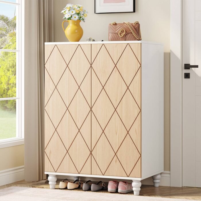 Shoe Cabinet, 2-Door Shoe Organizer Cabinets with Solid Wood Legs - Image 1