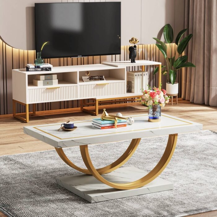 Coffee Table, Mid Century Modern Center Table with Faux Marble Veneer - Image 4