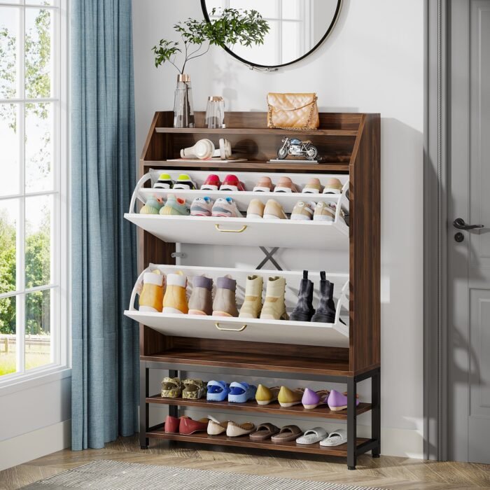 Shoe Cabinet, Freestanding Shoe Organizer with 2 Flip Drawers & Shelves - Image 4