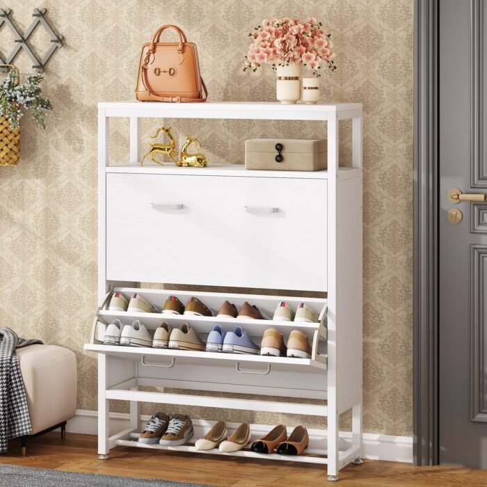 Shoe Cabinet, Tipping Bucket Shoe Storage Rack with Open Shelves - Image 1