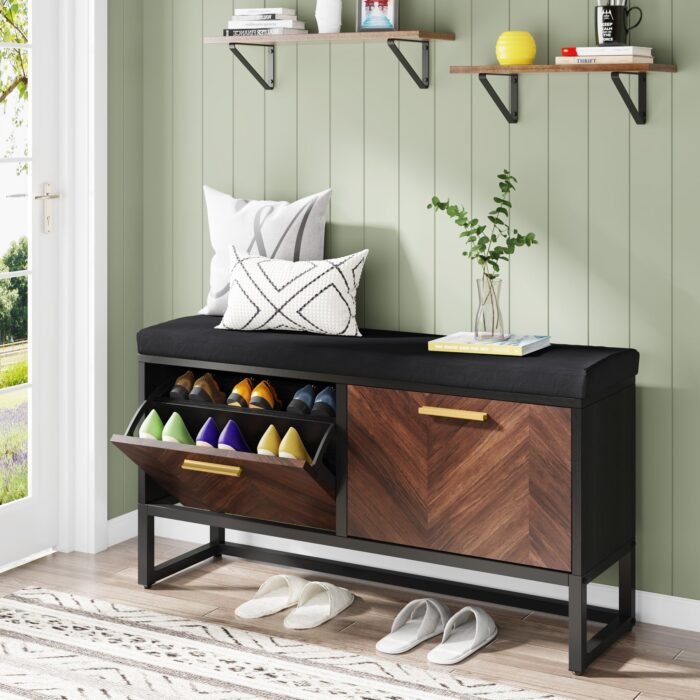 Shoe Bench, 2 Flip Drawers Shoe Rack Organizer with Adjustable Shelves - Image 4