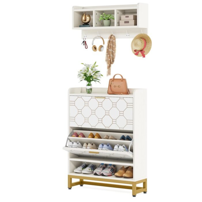Shoe Cabinet with Cubby Coat Rack and 2 Flip Drawers - Image 1