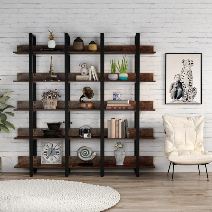 Bookcase, Industrial Triple Wide 5-Tiers Open Bookshelf - Image 4