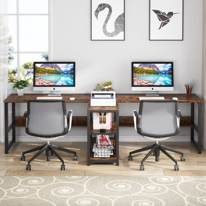 Two Person Desk, 94.5?Computer Desk with Shelves and Tiltable Tabletop - Image 5