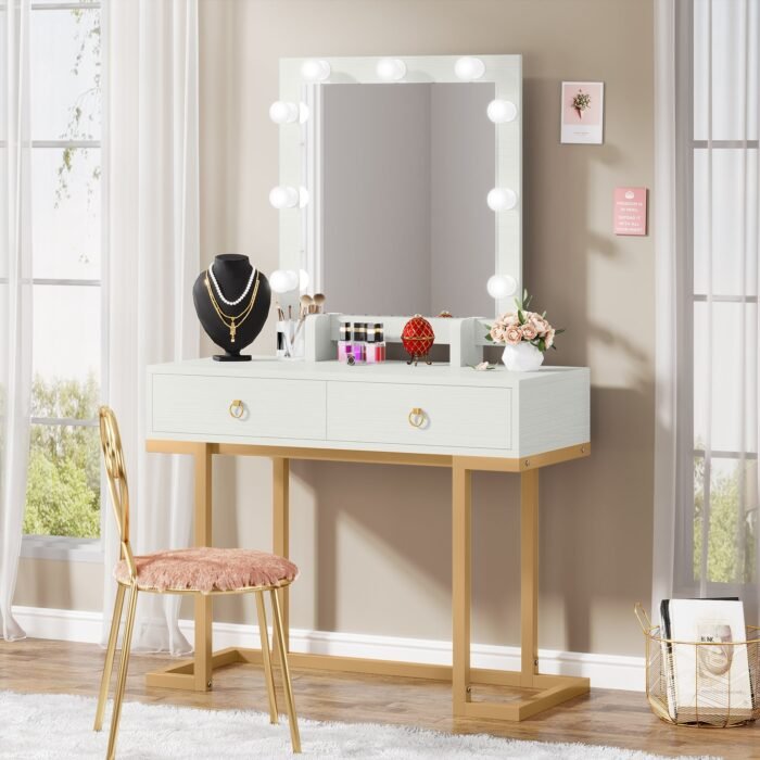 Vanity, Modern Makeup Table with 2 Storage Drawers & Lighted Mirror - Image 1