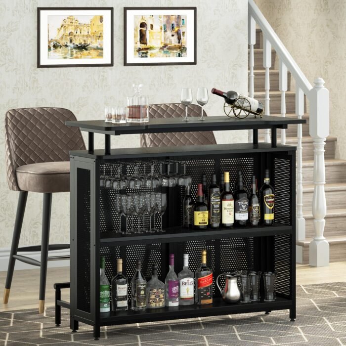 Bar Unit, 3 Tier Liquor Home Bar Table with Stemware Racks - Image 5